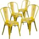 Rustic Farm Table with 6 Cross Back Chairs & Burlap Cushions - Bistro Metal Chair - Bistro Yellow Metal - Seats 6