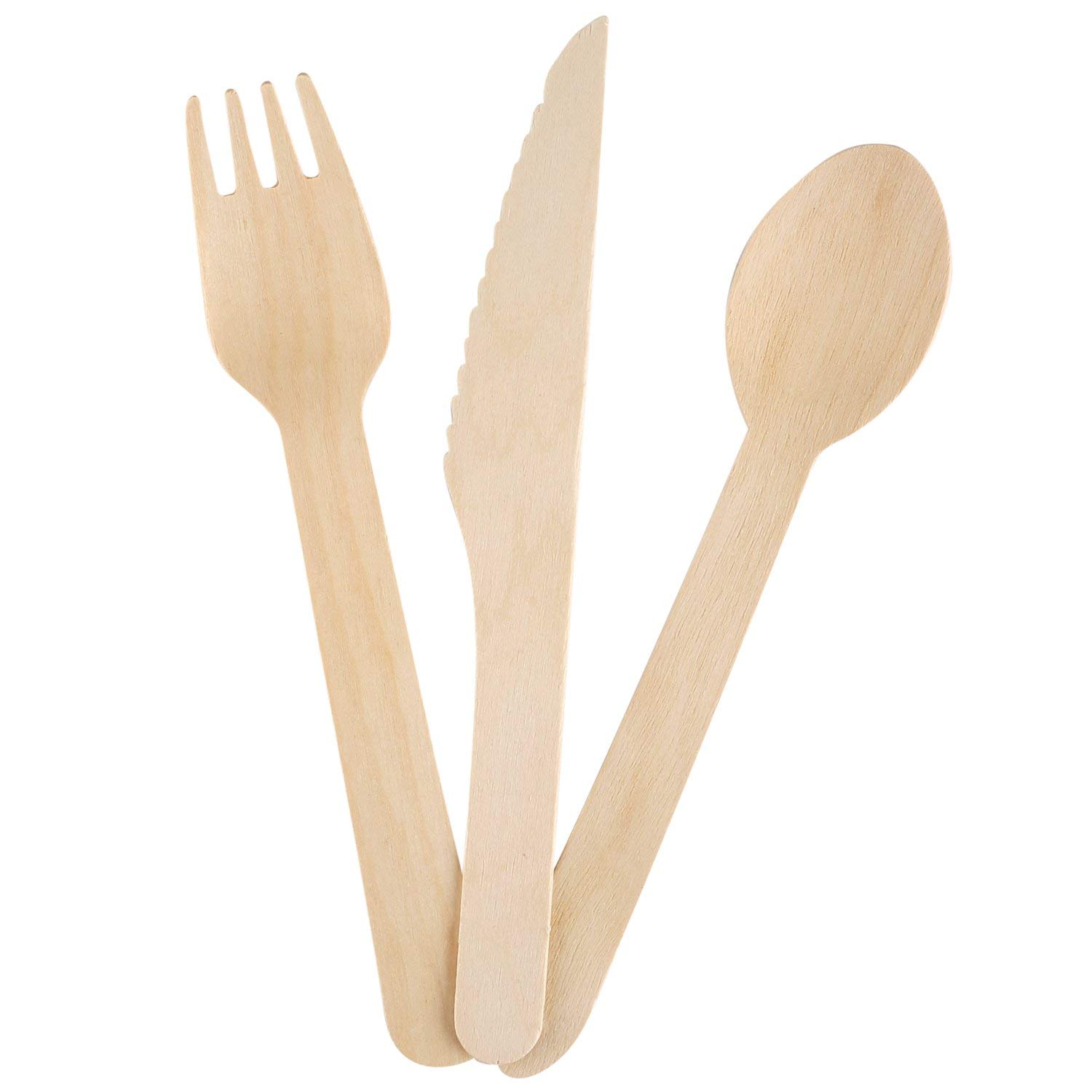 016-Birchwood Wooden Forks Knives Spoon 200 Pc Set - Party Rentals NYC