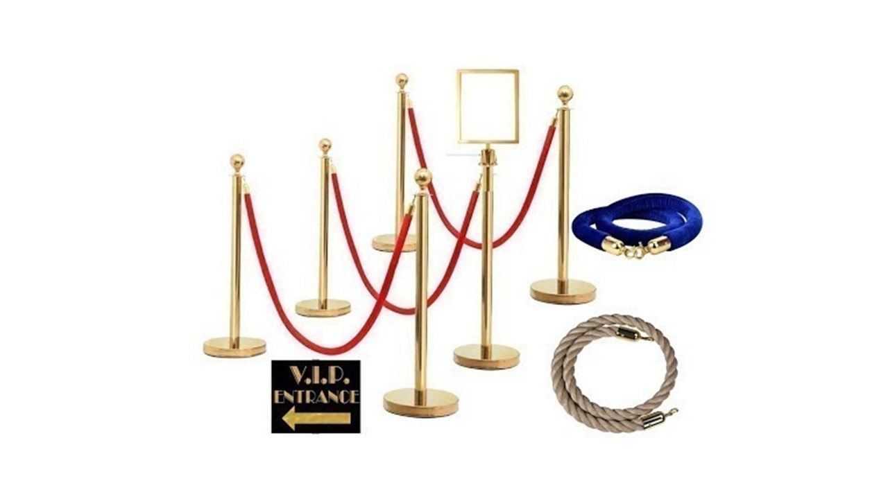 Gold stanchion with gold tip red ropes