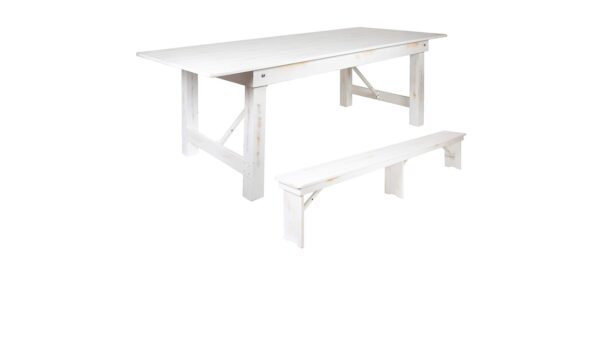 white wash farm tables and benches for rent